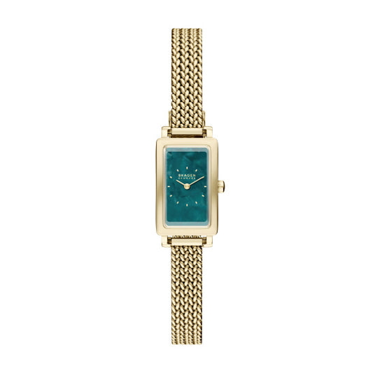 A Fossil Skagen Watch - Hagen Micro (SKW3186) with a gold-tone stainless steel rectangular case, turquoise face, and gold mesh band, displayed on a white background.