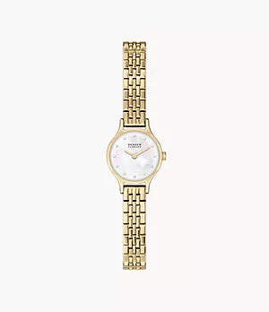 Skagen Watch - Ladies’ Gold Anita - SKW3189 gold-tone watch with a link bracelet and a round mother of pearl dial featuring crystal hour markers.