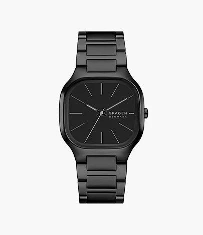 The Fossil Skagen Watch - Mellem - SKW6935 features a sleek black rectangular face, minimalist dial, silver hour markers, and a black metal link band, shown against a light gray background.