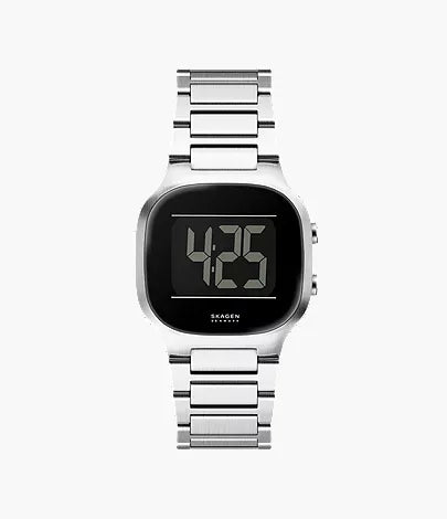 The Fossil Skagen Watch - Mellem - SKW6948 features a silver stainless steel link band, a rectangular face showing 4:25 in large numbers, and a sleek black digital display.