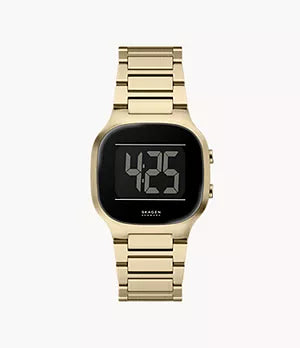 The Fossil Skagen Watch - Mellem - SKW6949 features a gold-tone minimalist design with a rectangular black face showing 4:25 in large numbers and a sleek metal link band for a modern look.