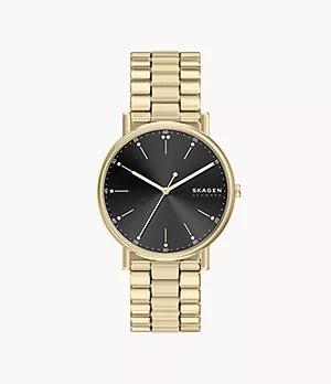 Skagen Watch - Signatur - SKW6957 gold-tone watch with a black sunray dial and a matching gold-tone link bracelet.