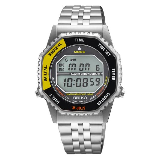 The Seiko Watch - Rotocall - SMGG17 features a silver metal band, displays 10:08:59, and offers alarm, chronograph, timer, and counter functions with yellow and white labels on the face.