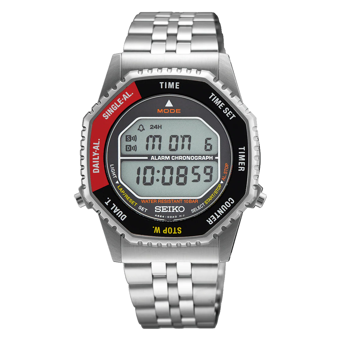 The Seiko Watch - Rotocall - SMGG19 is a digital watch with a silver metal band, LCD displaying time, date, and day. The bezel features labeled buttons and colored accents for various functions on this rotating Seiko digital watch.