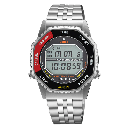 The Seiko Watch - Rotocall - SMGG19 is a digital watch with a silver metal band, LCD displaying time, date, and day. The bezel features labeled buttons and colored accents for various functions on this rotating Seiko digital watch.