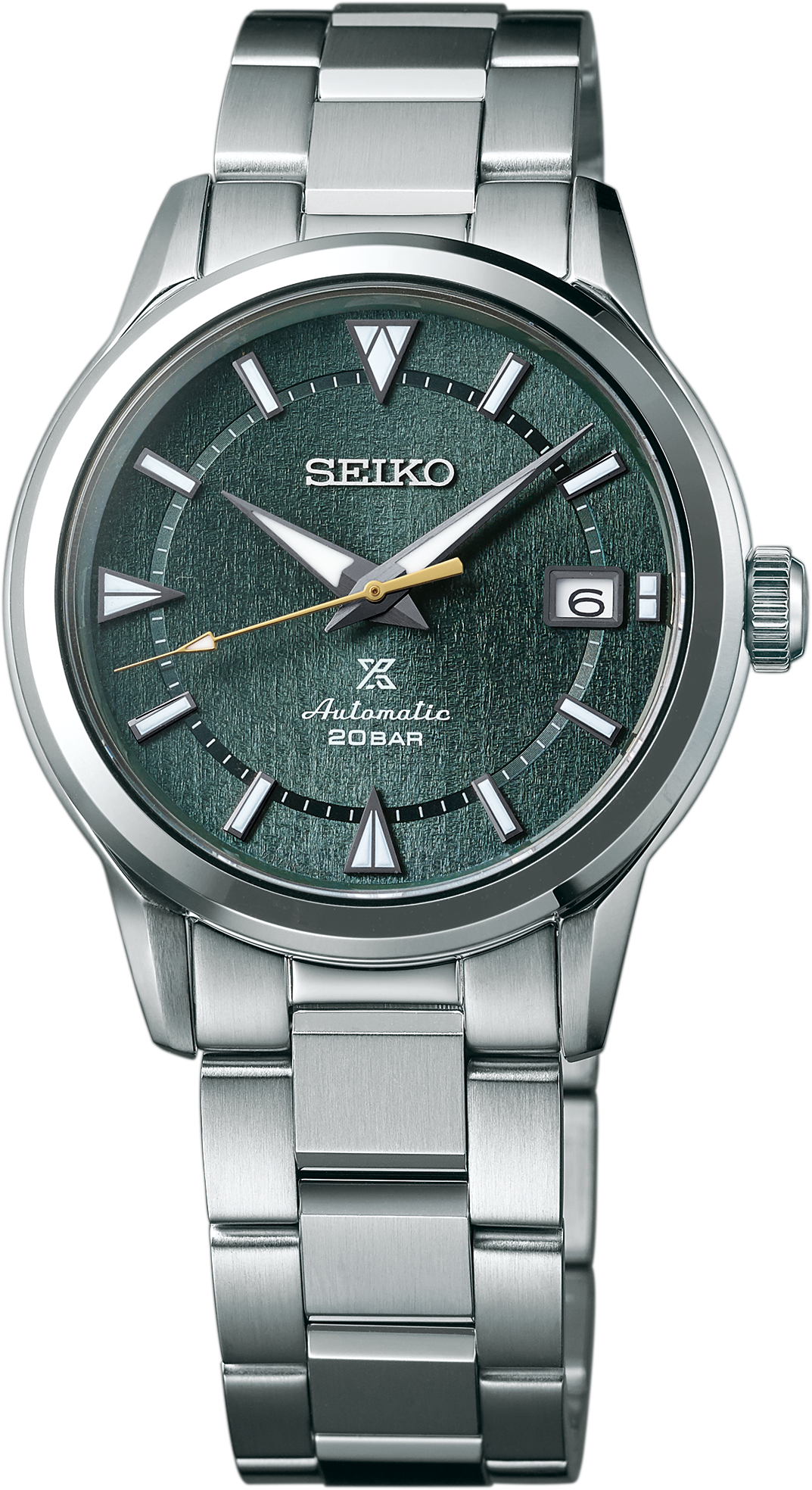The Seiko Prospex Luxe Alpinist SPB289 wristwatch features a stainless steel case, textured green dial, silver markers, date at 3 o’clock, and automatic movement, shown against a plain white background.