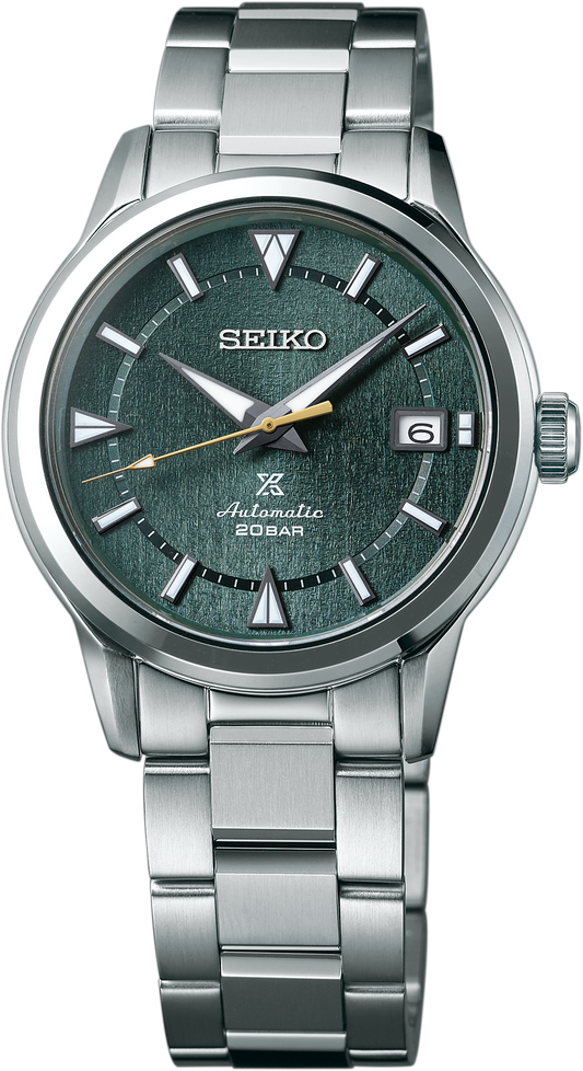 The Seiko Prospex Luxe Alpinist SPB289 wristwatch features a stainless steel case, textured green dial, silver markers, date at 3 o’clock, and automatic movement, shown against a plain white background.