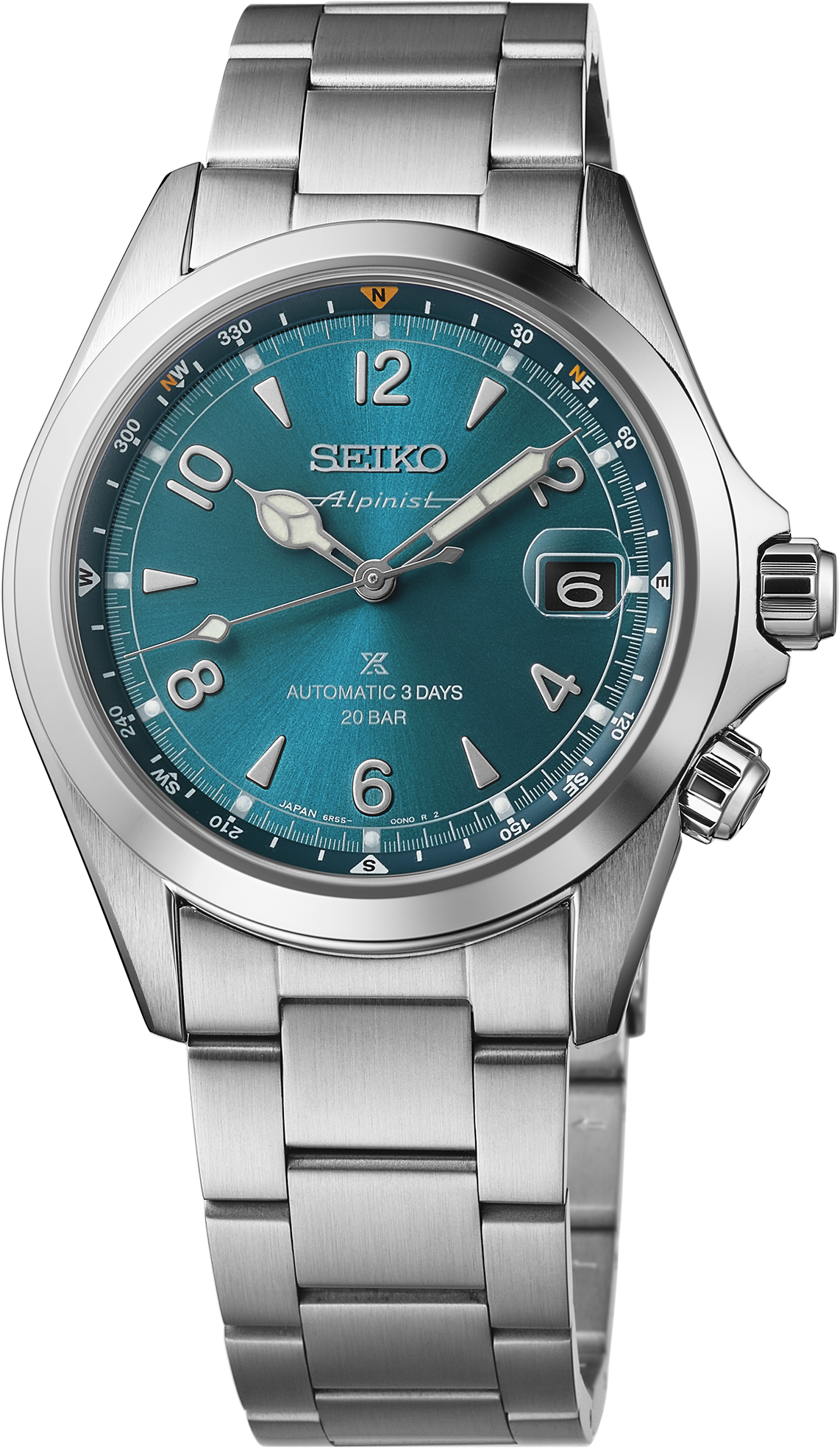 The Seiko Watch - Luxe Prospex Alpinist SPB503 features a teal dial, silver hour markers, a date window at 3 o’clock, metal bracelet, automatic movement with "Automatic 3 Days 20 Bar" on the dial. Brand: Seiko.