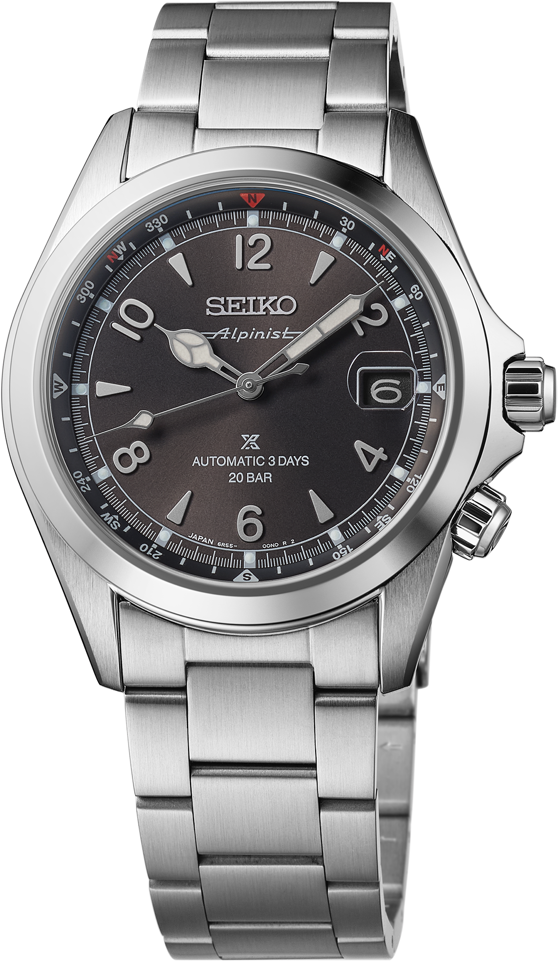 The Seiko Prospex Luxe Alpinist SPB505 features a stainless steel band, black dial, silver markers, cathedral hands, date at 3 o'clock, and screw-down crown—ideal for any outdoor adventure.