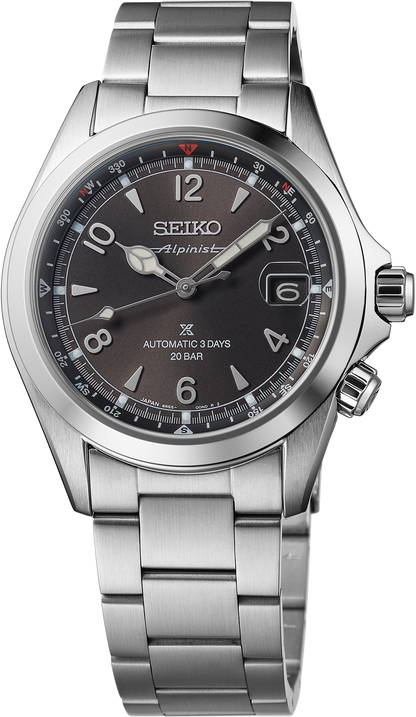 The Seiko Prospex Luxe Alpinist SPB505 features a stainless steel band, black dial, silver markers, cathedral hands, date at 3 o'clock, and screw-down crown—ideal for any outdoor adventure.