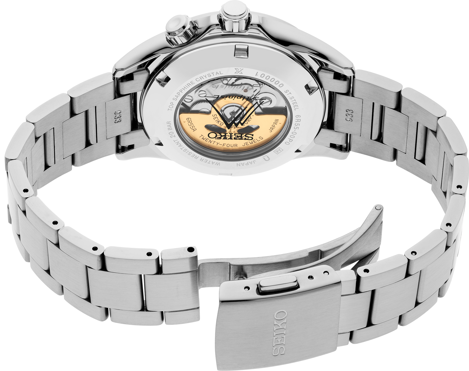 A close-up of the Seiko Prospex Luxe Alpinist SPB505 watch highlights its open stainless steel bracelet, see-through case back, and visible gold-accented automatic movement—an ideal choice for outdoor adventurers.