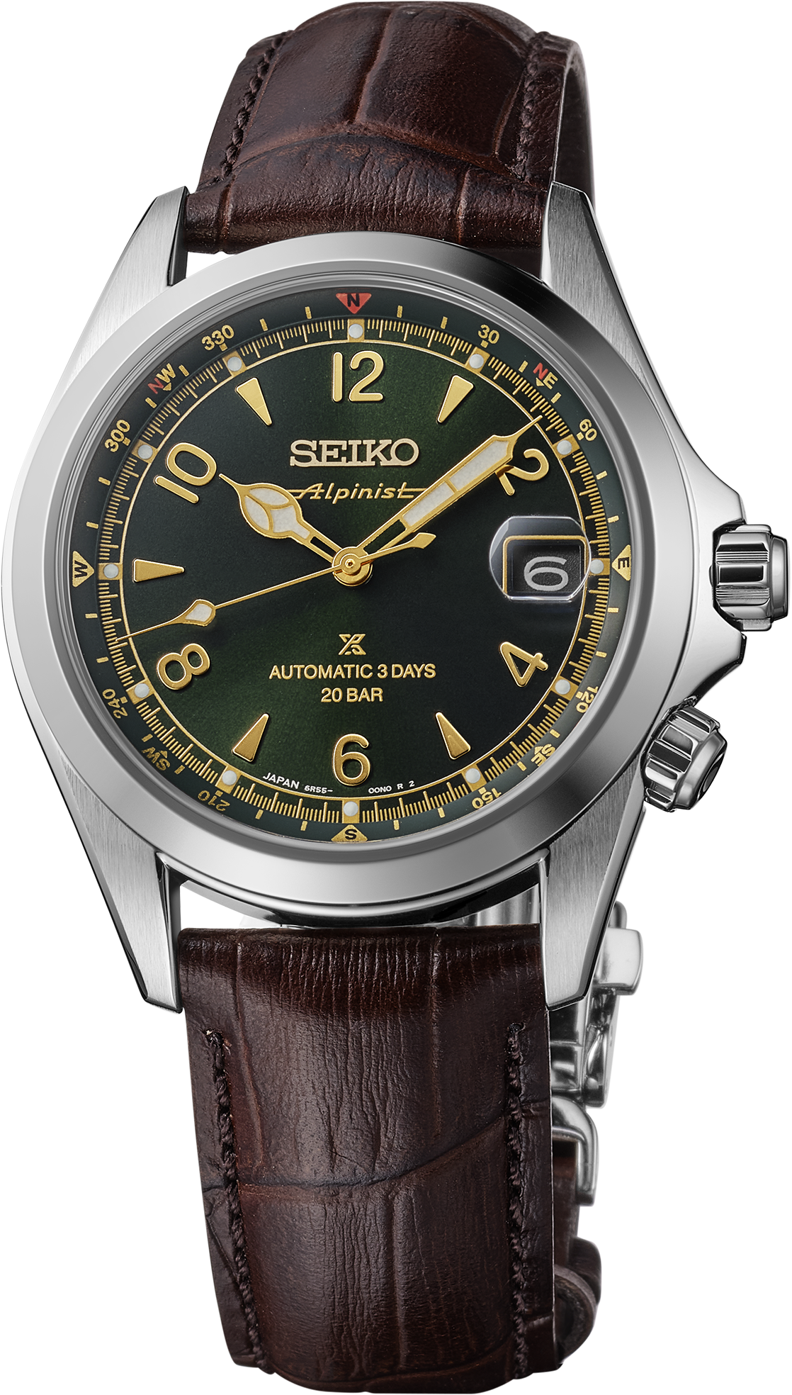 The Seiko Watch - Luxe Prospex Alpinist SPB507 features a green dial, stainless steel case with gold accents, date window at 3 o'clock, brown leather strap, automatic movement (3 days), 20 bar water resistance, and an arrow-shaped second hand.