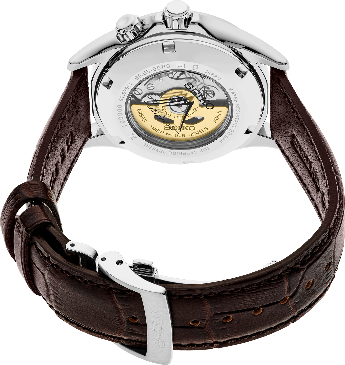 The Seiko Luxe Prospex Alpinist SPB507 showcases a green dial, brown leather strap with detailed stitching, silver clasp, and a transparent case back revealing the automatic movement.