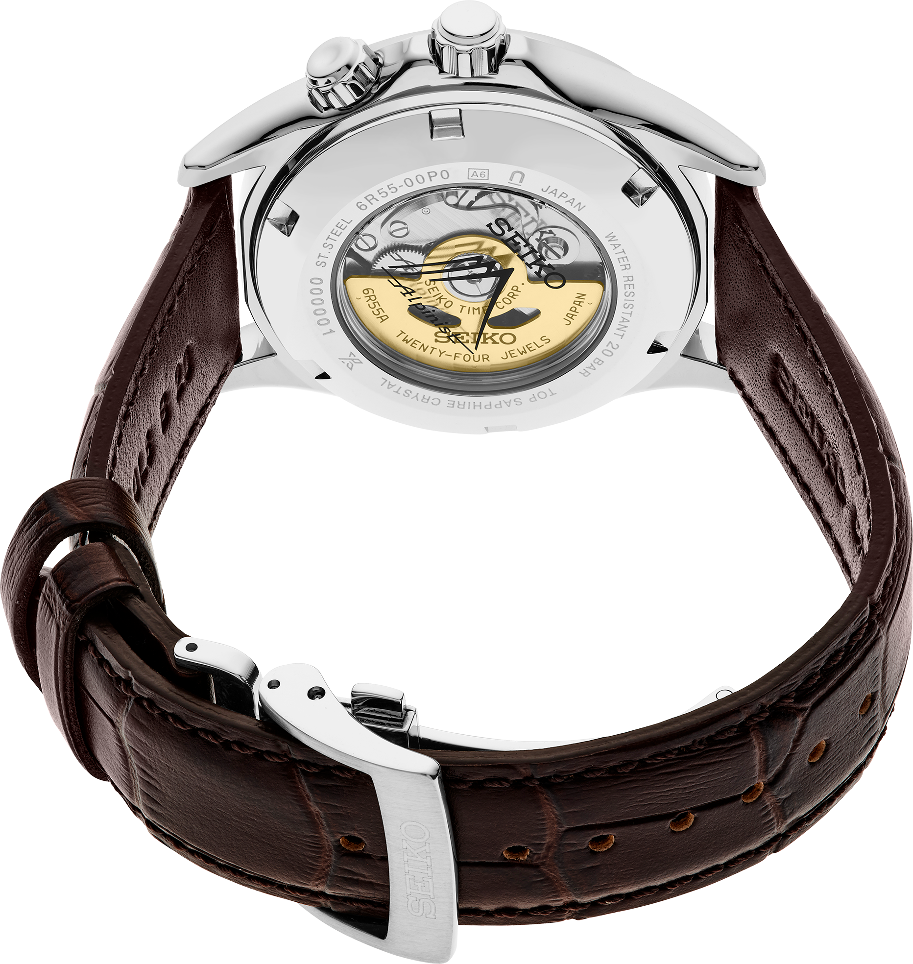 The Seiko Luxe Prospex Alpinist SPB507 showcases a green dial, brown leather strap with detailed stitching, silver clasp, and a transparent case back revealing the automatic movement.