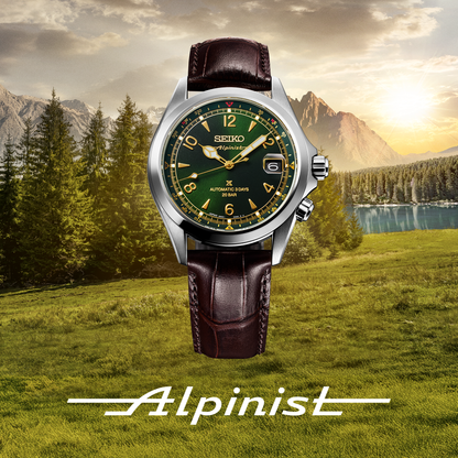 The Seiko Luxe Prospex Alpinist SPB507 automatic watch with a green dial and brown leather strap is shown before a mountain landscape with trees, lake, sunlight, and "Alpinist" written at the bottom.