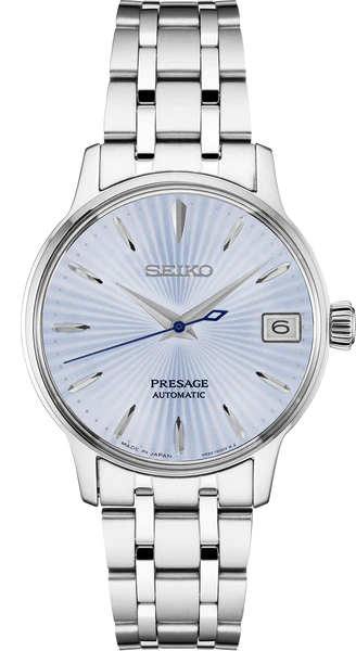 The Seiko Watch - Presage Cocktail Time - SRP841 features a silver metallic link band, light blue textured dial, silver hour markers, blue second hand, date window at 3 o’clock, and "Made in Japan" at the bottom.