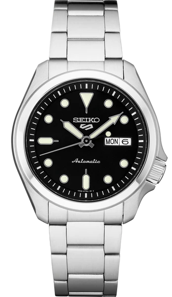 The Seiko 5 Sports SRPE55 automatic watch by Seiko features a stainless steel case and bracelet, black dial with silver markers, and day-date display at 3 o’clock.