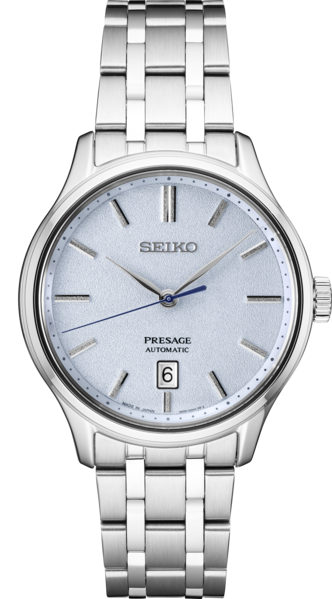 The Seiko Watch - Presage - SRPF53 features a light blue textured dial, silver markers and hands, date window at 6 o’clock, and stainless steel bracelet—a genuine Japanese mechanical watch by Seiko.