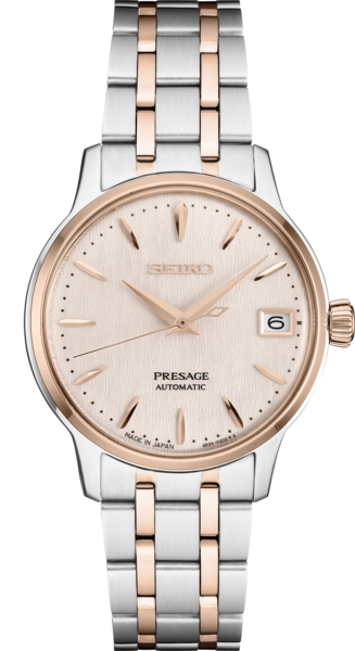 The Seiko Ladies Presage SRPF54 features a silver and rose gold band, light textured dial, gold markers and hands, plus a date window at 3 o’clock.