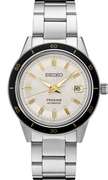 The Seiko Watch - Presage - SRPG03 features a silver metal band, white dial, gold hour markers and hands, a black bezel with gold markings, and a date window at 3 o’clock.