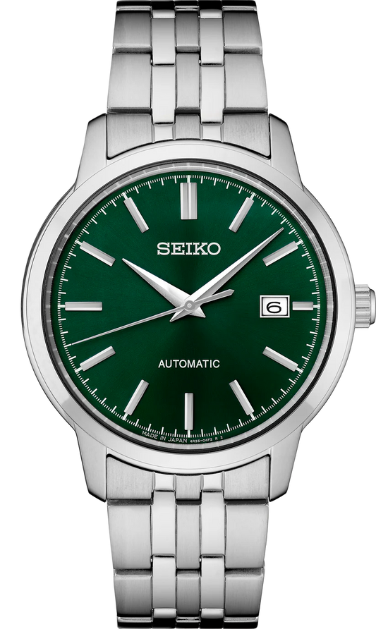 The Seiko Watch - Essentials Automatic SRPH89 is a stainless steel timepiece featuring a striking green dial with silver hour markers and hands, along with a date window at 3 o’clock. This automatic watch from Seiko combines everyday practicality with style, offering a sturdy metal link bracelet and 100M water resistance.