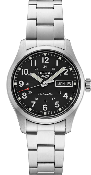 The Seiko 5 Sports SRPJ81 is an automatic watch by Seiko with a stainless steel band, black dial with white numerals, silver hands, and day-date display at 3 o’clock.