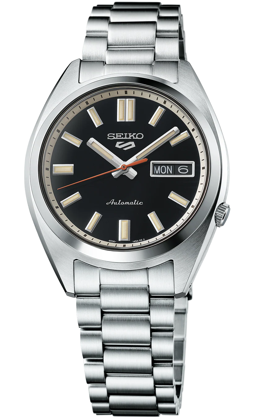 Introducing the Seiko Watch - Seiko 5 Sports - SRPK89: a stainless steel automatic timepiece from Seiko, featuring a black dial with silver hour markers, a day-date window at the 3 o’clock position, and a stylish silver metal bracelet.