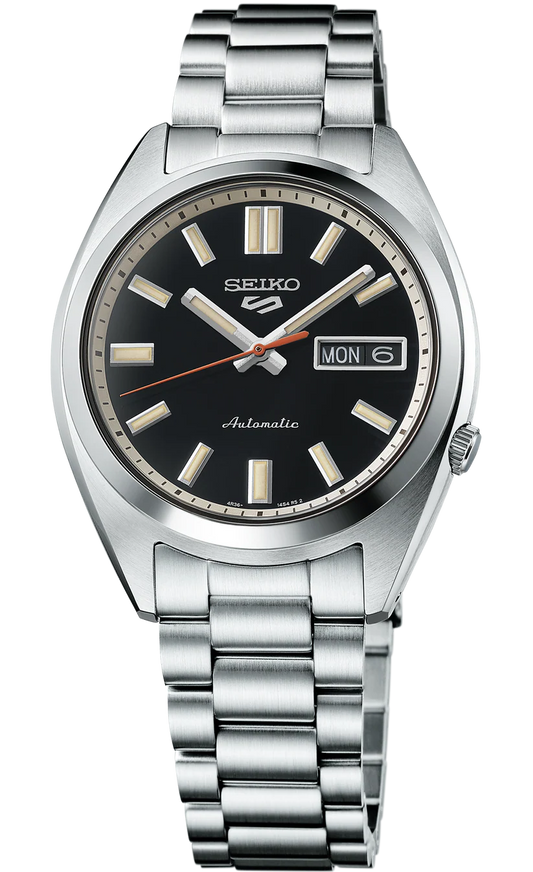 Introducing the Seiko Watch - Seiko 5 Sports - SRPK89: a stainless steel automatic timepiece from Seiko, featuring a black dial with silver hour markers, a day-date window at the 3 o’clock position, and a stylish silver metal bracelet.