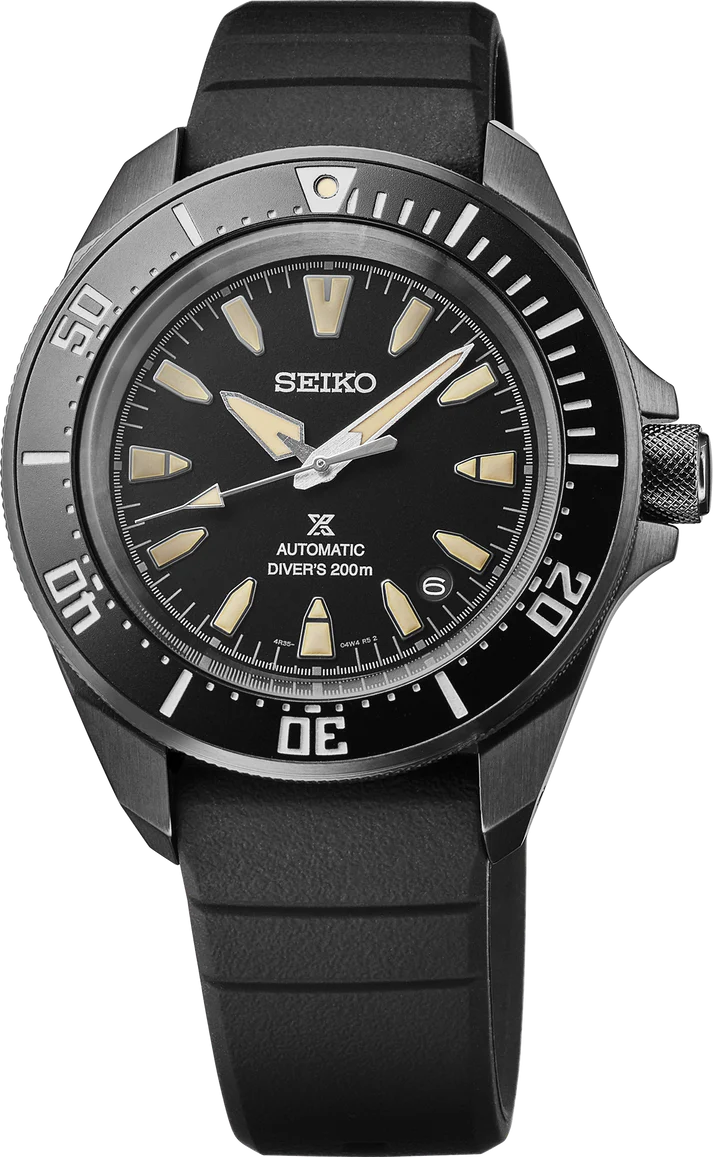The Seiko Watch - Prospex - SRPL15 is an automatic diver with a black bezel, black dial, large luminous markers, and a black rubber strap. Water resistant to 200m, it’s ideal for underwater adventures.