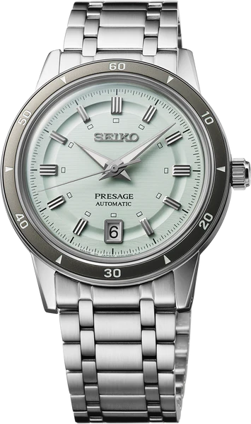 The Seiko Watch - Presage Style60s Collection SRPL71 features a mint green dial, silver hour markers, date window at 6 o’clock, rotating bezel, automatic movement, and a stainless steel bracelet.