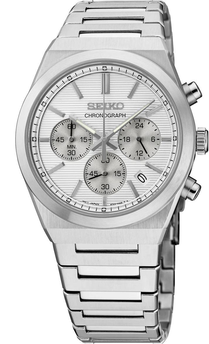 The Seiko Watch - Essentials - SSB451 is a men's chronograph with a stainless steel case, silver dial, three subdials, date window at 4 o’clock, metal bracelet with brushed finish, and two side pushers.