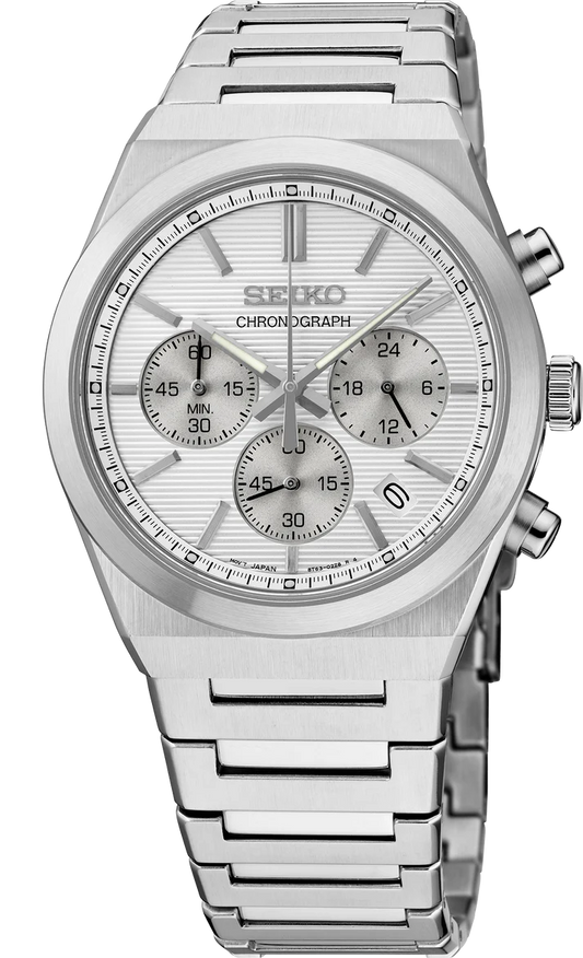 The Seiko Watch - Essentials - SSB451 is a men's chronograph with a stainless steel case, silver dial, three subdials, date window at 4 o’clock, metal bracelet with brushed finish, and two side pushers.