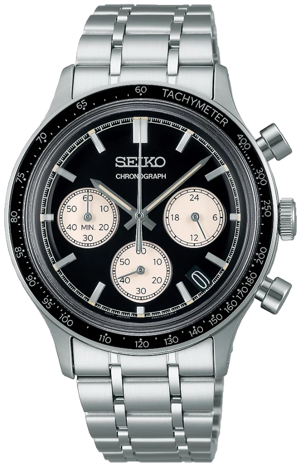 The Seiko Watch - Sport Chronograph - SSB479 features a stainless steel case, black bezel, three subdials, date window, and silver metal link bracelet. Silver hands and hour markers include white accents. Brand: Seiko.