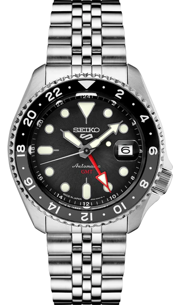 The Seiko 5 SKX Sports Style GMT Series SSK001 features a black dial, silver hour markers, date window, black/silver bezel, red GMT hand, and a silver metal bracelet—a bold and versatile automatic timepiece from Seiko.