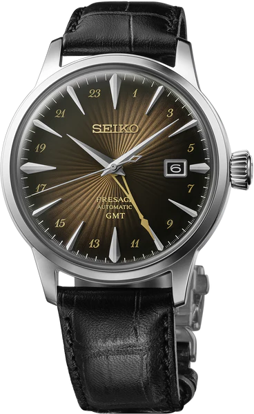 The Seiko Watch - Presage Cocktail Time GMT - SSK039 features a textured brown sunburst dial, gold-tone hands, automatic GMT movement, date at 3 o’clock, black leather strap, and a silver stainless steel case.