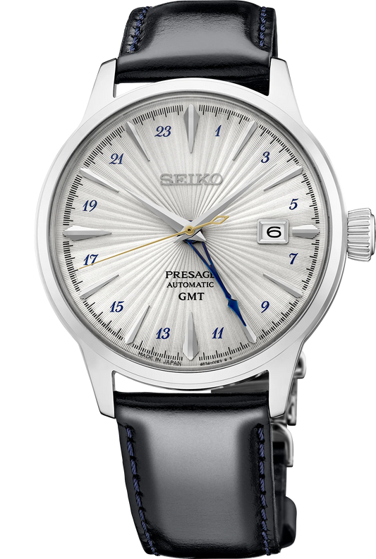 A close-up of the Seiko Presage Cocktail Time SSK049 highlights the intricate details and fine craftsmanship of this Japanese mechanical watch.