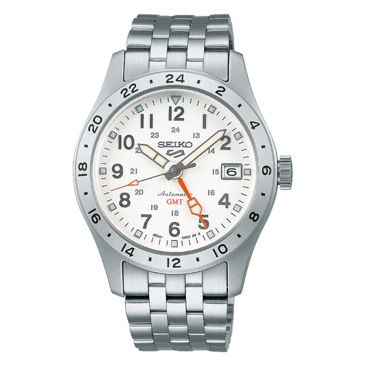 The Seiko Watch - Seiko 5 GMT - SSK059 by Seiko is an automatic GMT watch with a stainless steel band and case, white dial, black markers, orange GMT hand, date at 3 o’clock, and a bezel with a bold 24-hour scale.
