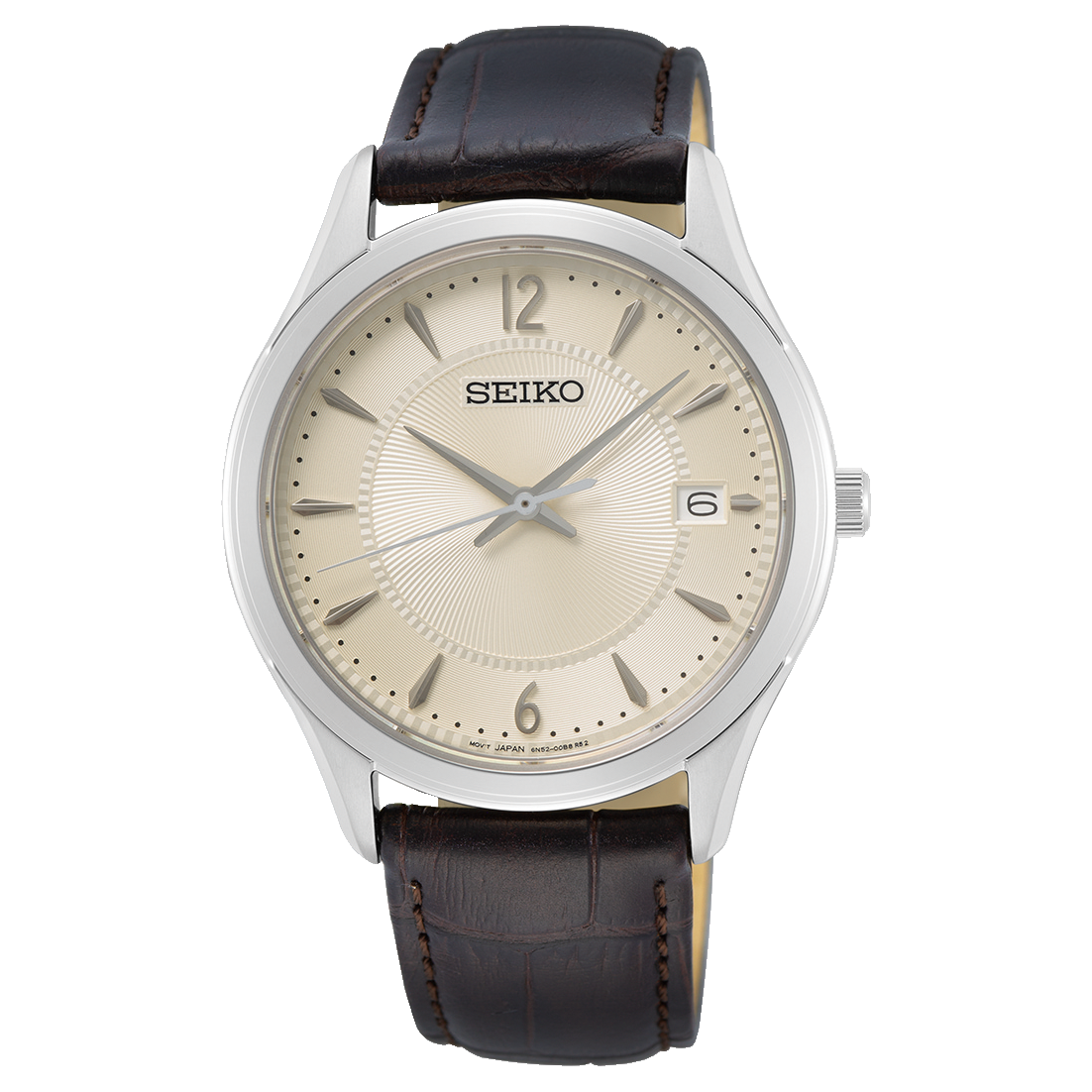 The Seiko Watch - Men's Essentials - SUR421 features a silver case, cream dial with numbers and markers, silver hands, date display at 3 o'clock, and a brown leather strap.