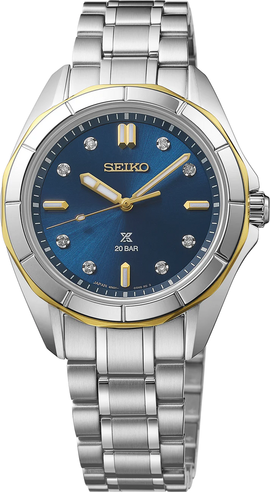 The Seiko Watch - Luxe Prospex Sea Series - SUR620 features a silver-gold metal band, blue dial with diamond markers, gold accents, durable sapphire crystal, and 20 BAR water resistance—a refined dive watch by Seiko.
