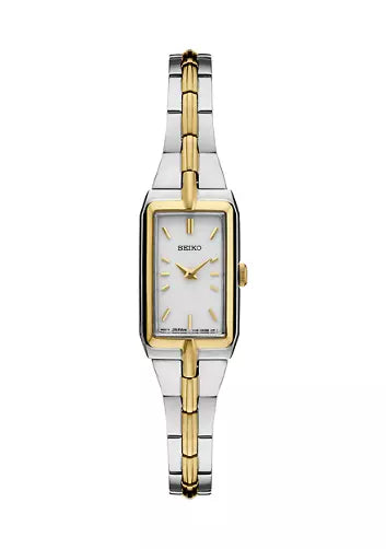 The Seiko Essentials Collection SWR044 is a rectangular women’s watch with a two-tone stainless steel band, white dial, gold hour markers and hands, and minimalist design.