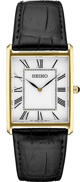 The Seiko Watch - Essentials - SWR052 by Seiko features a rectangular gold case, white dial with black Roman numerals, two gold hands, and a black leather strap for a minimalist, classic look.