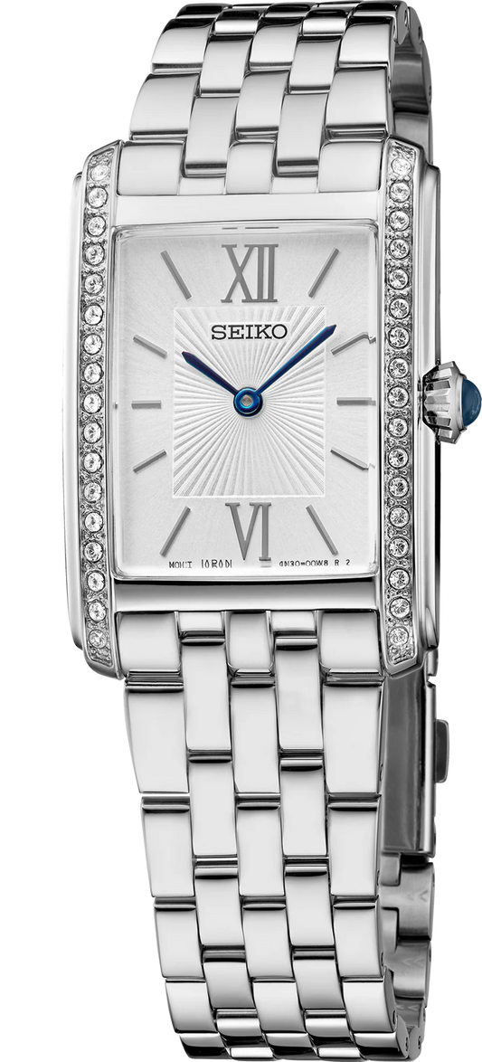 The Seiko Watch - Crystal Essentials - SWR091 features a silver rectangular face, blue hands, Roman numerals, dual diamond rows on each bezel side, and a polished stainless steel linked band.