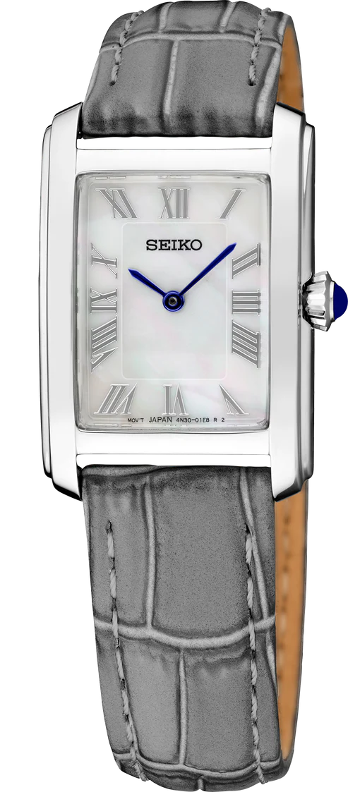 The Seiko Watch - Essentials - SWR099 features a rectangular stainless steel case, white dial with Roman numerals, blue hands, and a gray textured leather strap.
