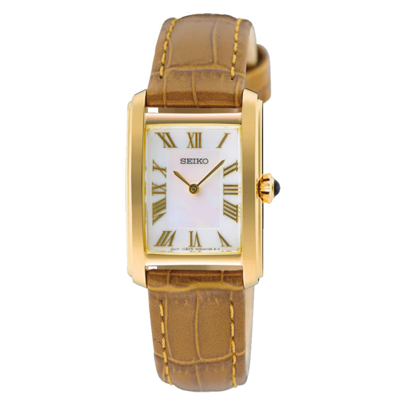 The Seiko Essentials Mother of Pearl SWR100 is a rectangular goldtone stainless steel watch with a brown leather strap, white mother-of-pearl dial, and gold Roman numeral hour markers for a classic, elegant look.