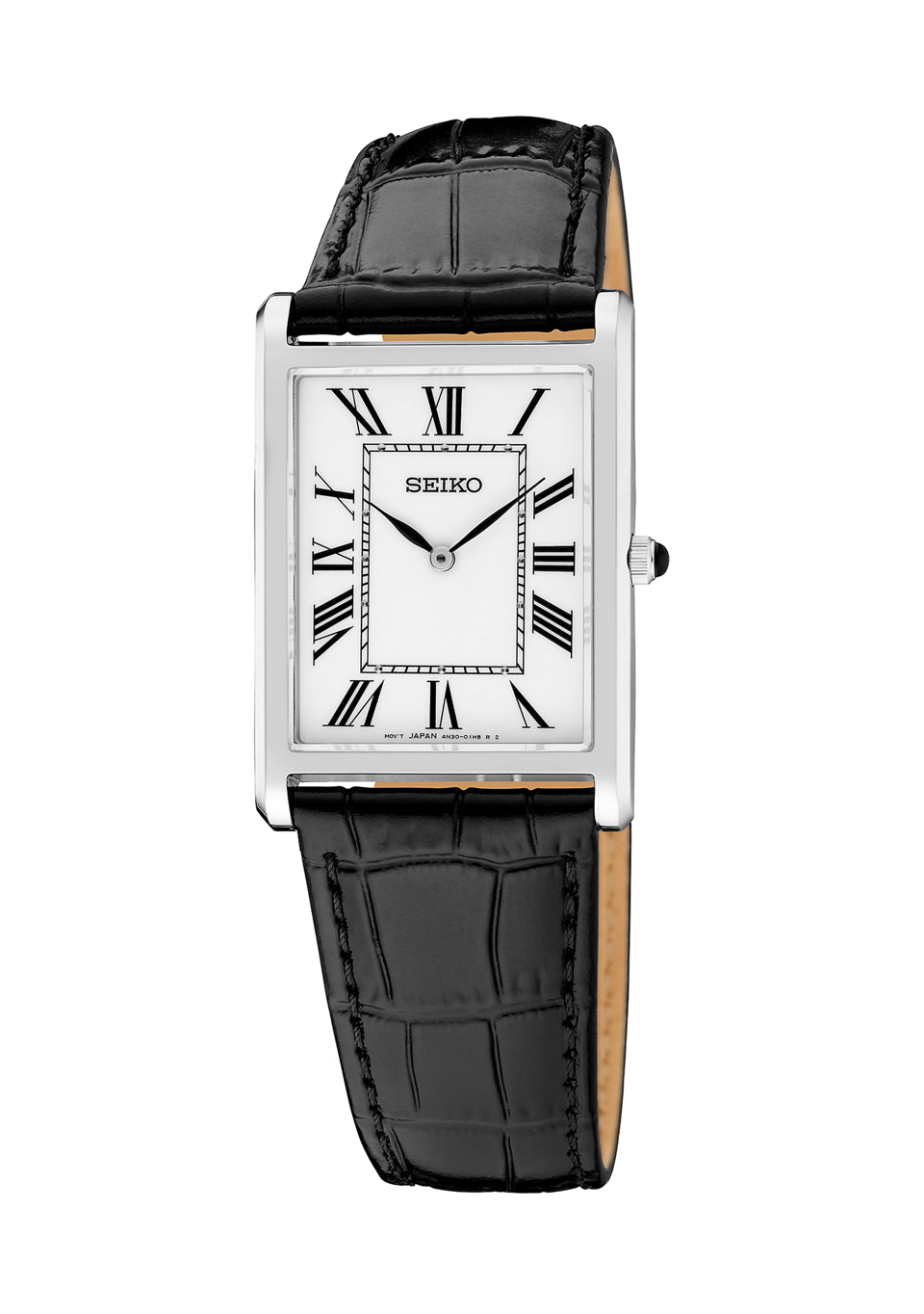 The Seiko Men's Essentials SWR103 is a rectangular watch featuring a white face, black Roman numerals, silver hands, and a black crocodile-pattern leather strap—an elegant option with precise quartz movement.