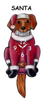 The Pink Cloud Santa Paws - Wagging Tail Clock is a festive wall clock shaped like a dog in a Santa suit with "SANTA" above and a wagging tail—perfect for adding holiday cheer to any pet-loving home.