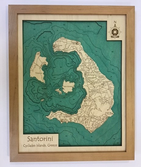 Lake Map - Santorini - Greece - Laser Carved Wooden Relief Map - 14" x 18"