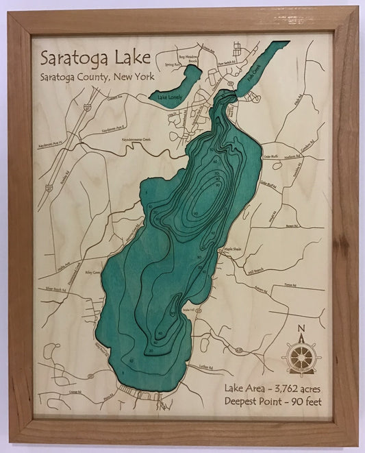 Lake Map - Saratoga Lake - Laser Carved Wooden Relief Map - 14" x 18" - New York