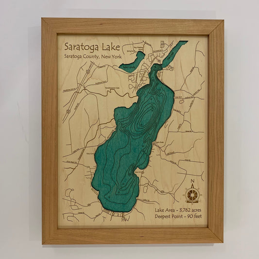 Lake Map - Saratoga Lake - Laser Carved Wooden Relief Map - 11" x 14" - New York