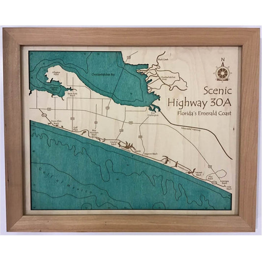 Lake Map - 30A - Laser Carved Wooden Relief Map - 11" x 14" - Florida's Scenic 30A